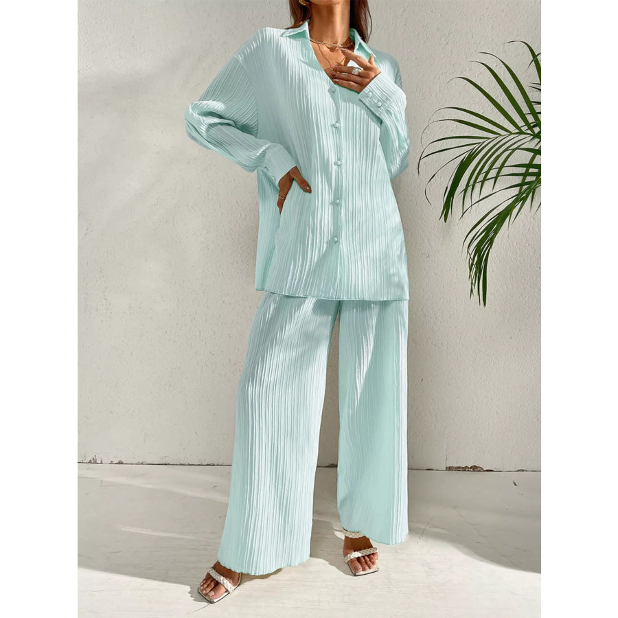 Long Sleeve Shirt & Wide Leg Pants Set Apparel and Accessories