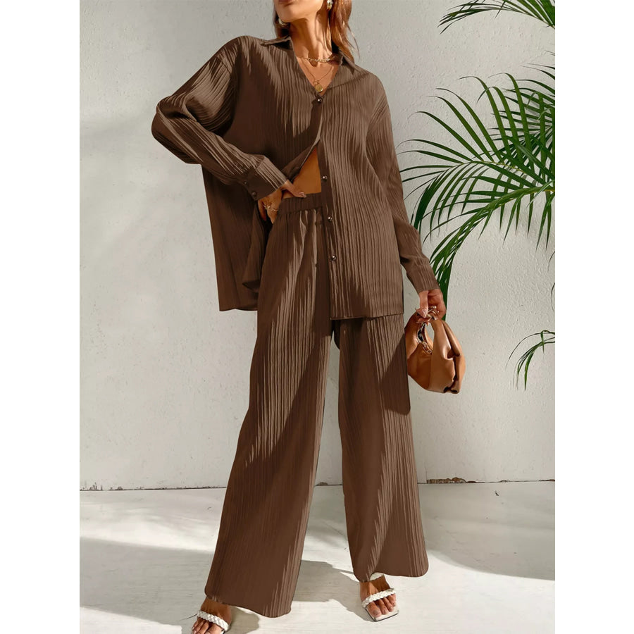 Long Sleeve Shirt & Wide Leg Pants Set Apparel and Accessories