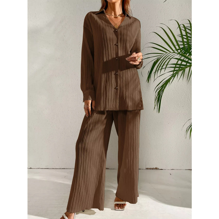 Long Sleeve Shirt & Wide Leg Pants Set Dark Brown / S Apparel and Accessories