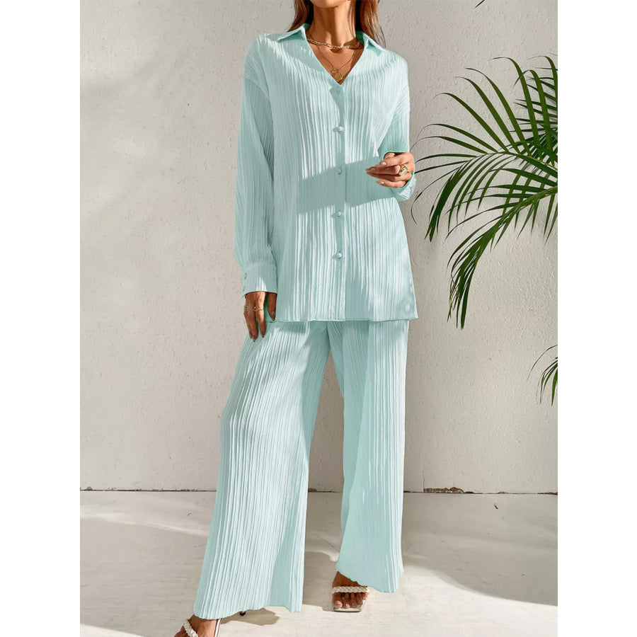 Long Sleeve Shirt & Wide Leg Pants Set Light Blue / S Apparel and Accessories