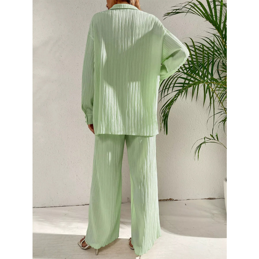 Long Sleeve Shirt & Wide Leg Pants Set Light Green / S Apparel and Accessories