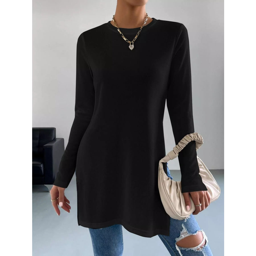 Long Sleeve Side Slit T-Shirt Black / S Apparel and Accessories