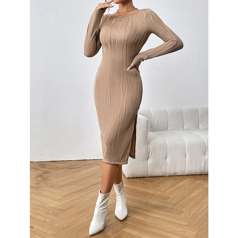 Long Sleeve Slit Midi Dress Tan / S