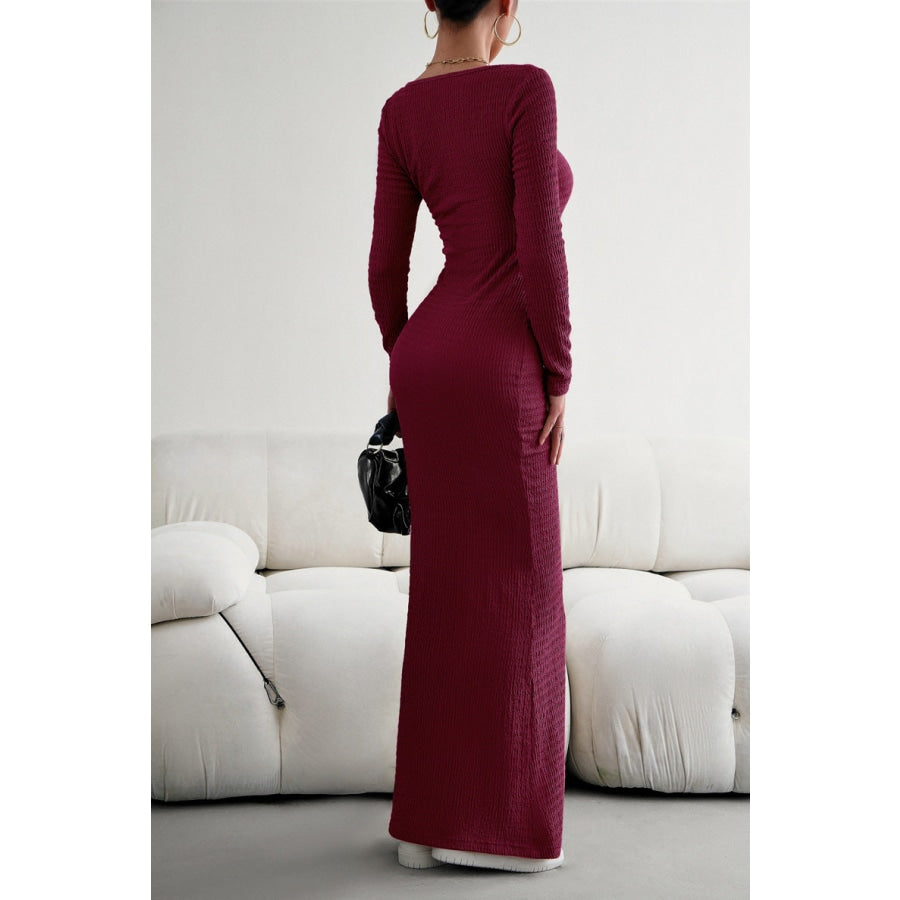 Long Sleeve Square Neck Maxi Bodycon Dress Wine / S