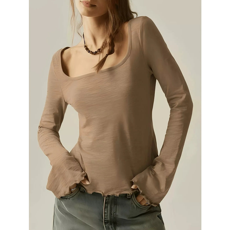 Long Sleeve Square Neck Slim-Fit T-Shirt Khaki / S Apparel and Accessories