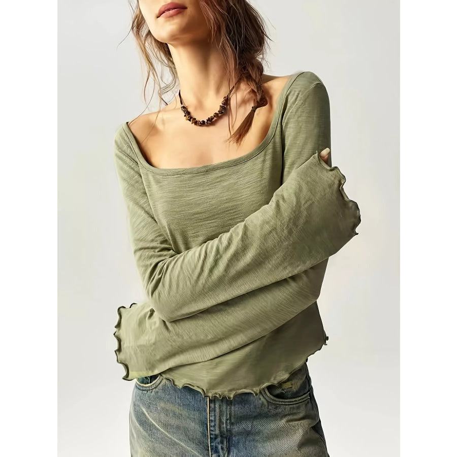 Long Sleeve Square Neck Slim-Fit T-Shirt Light Green / S Apparel and Accessories