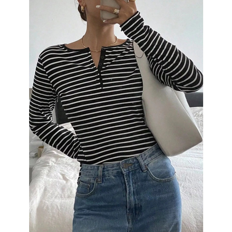 Long Sleeve Striped Henley T-Shirt Black / S Apparel and Accessories