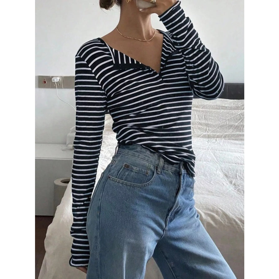 Long Sleeve Striped Henley T-Shirt Navy Blue / S Apparel and Accessories