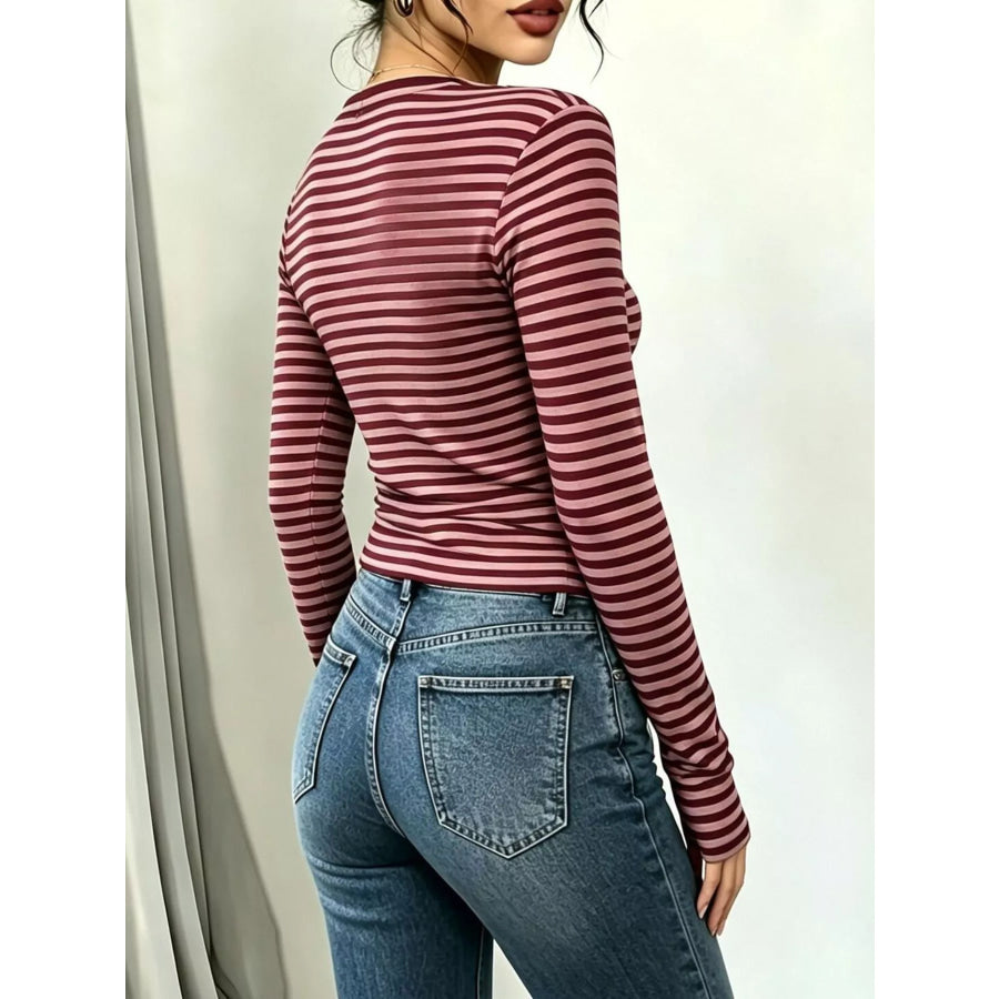Long Sleeve Striped T-Shirt with Front Tie Detail Apparel and Accessories