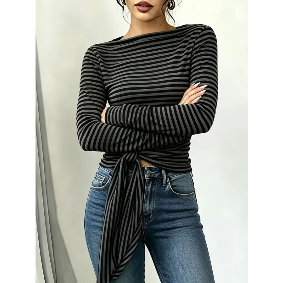 Long Sleeve Striped T-Shirt with Front Tie Detail Apparel and Accessories