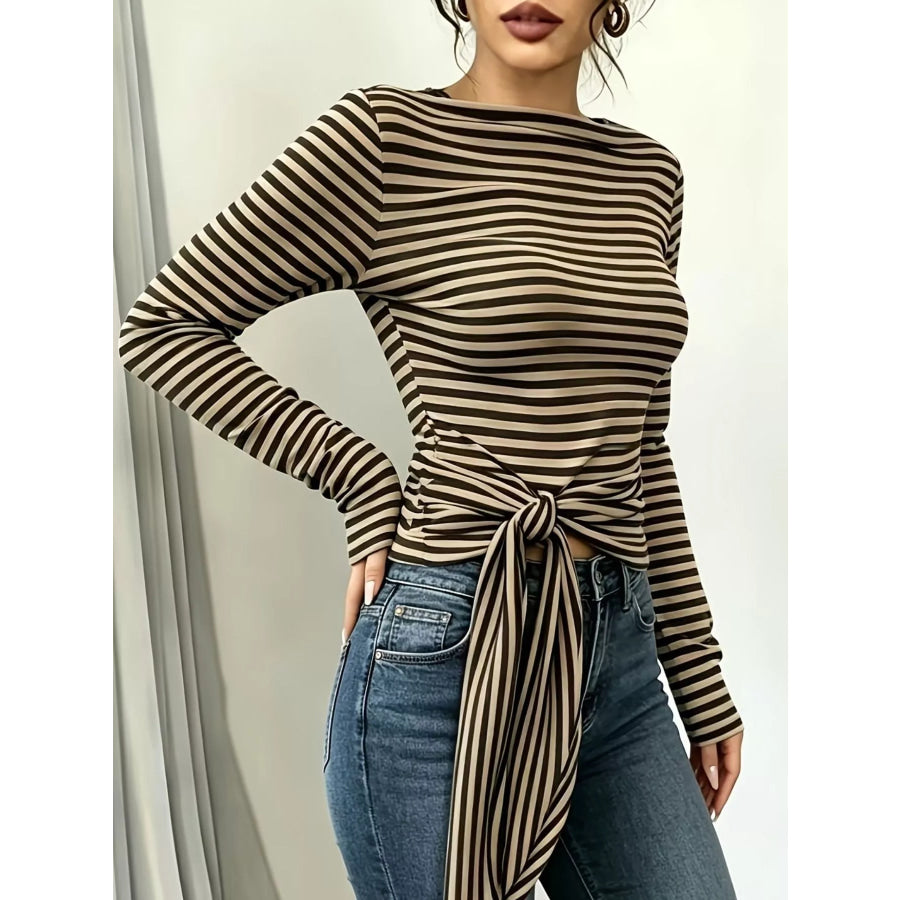 Long Sleeve Striped T-Shirt with Front Tie Detail Apparel and Accessories