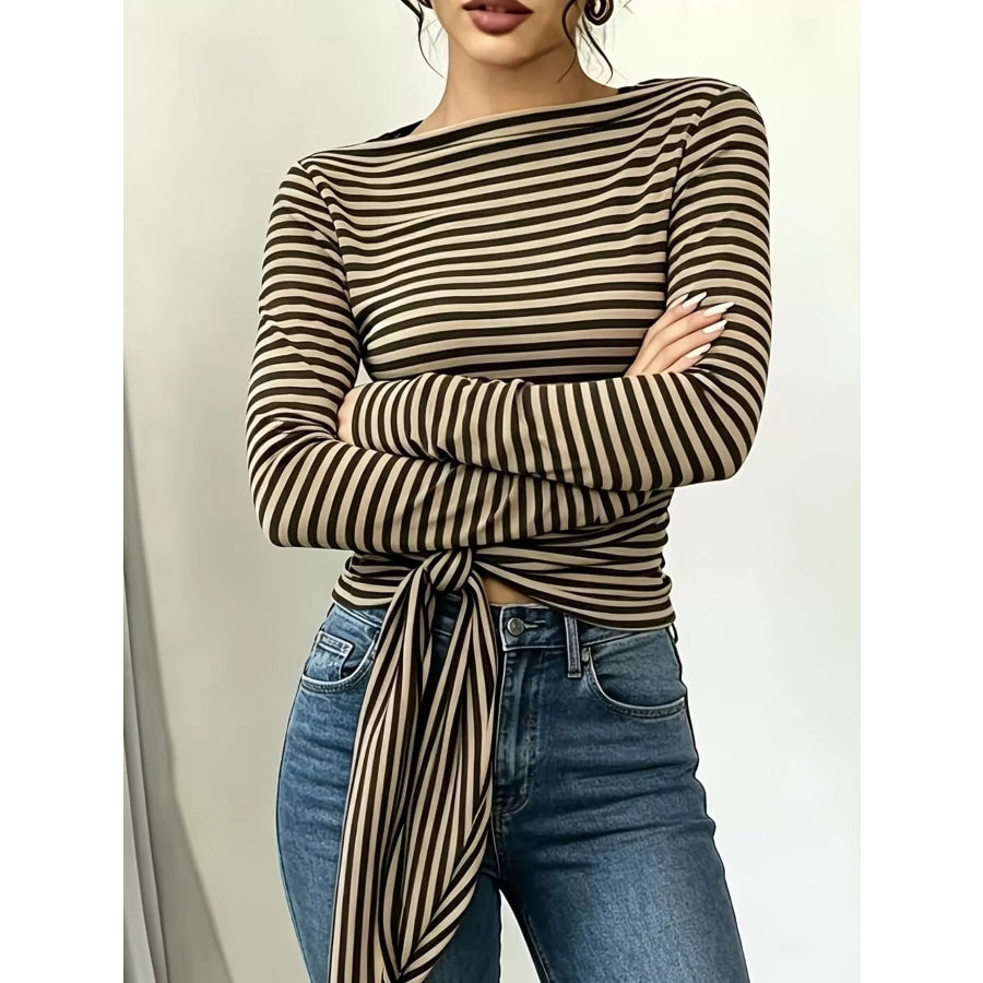 Long Sleeve Striped T-Shirt with Front Tie Detail Apparel and Accessories