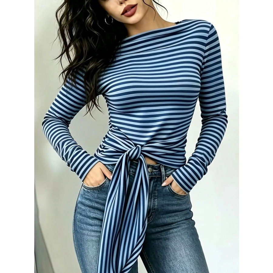 Long Sleeve Striped T-Shirt with Front Tie Detail Apparel and Accessories