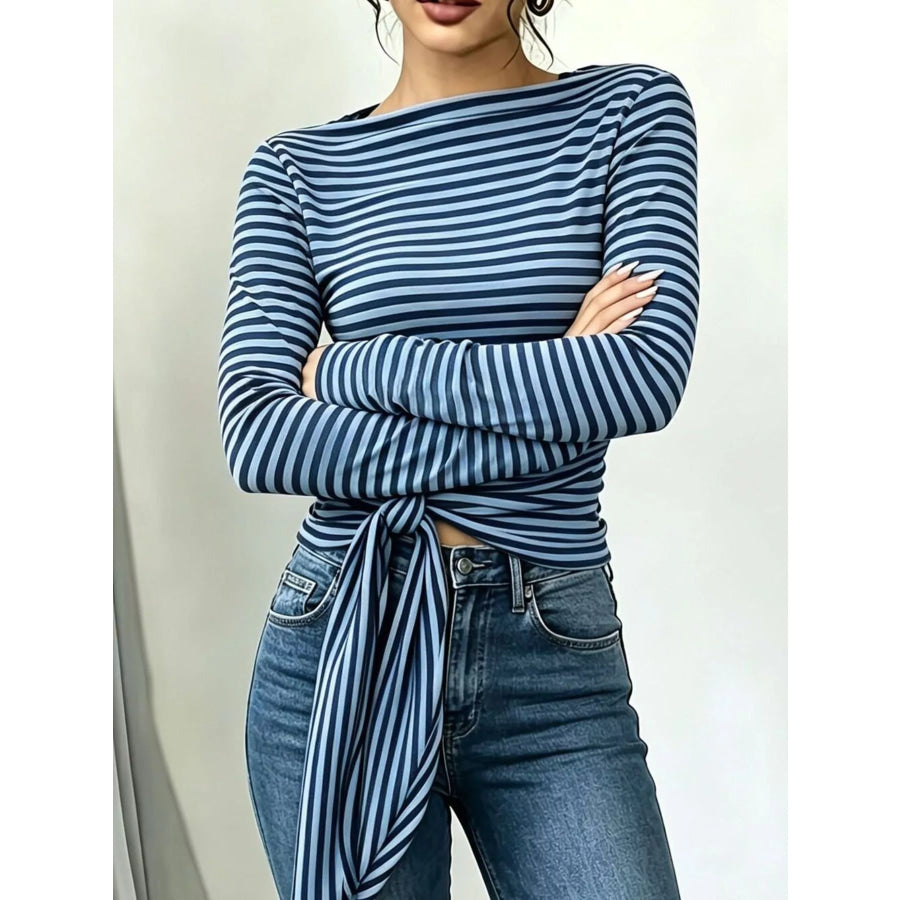 Long Sleeve Striped T-Shirt with Front Tie Detail Apparel and Accessories