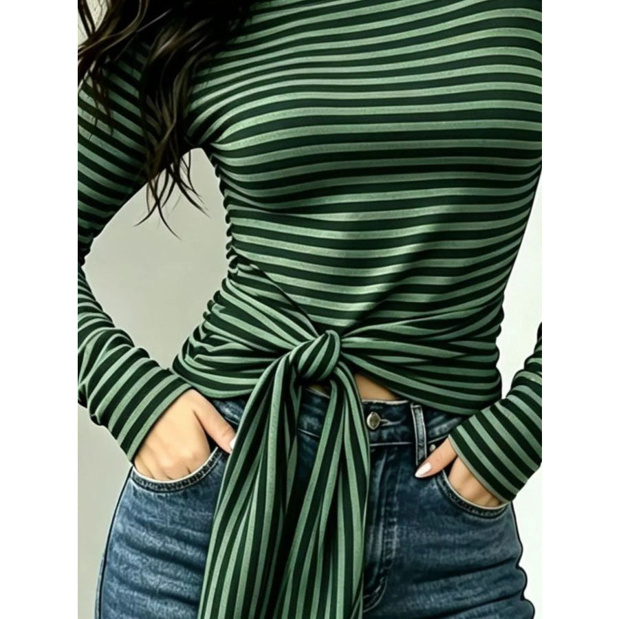 Long Sleeve Striped T-Shirt with Front Tie Detail Apparel and Accessories