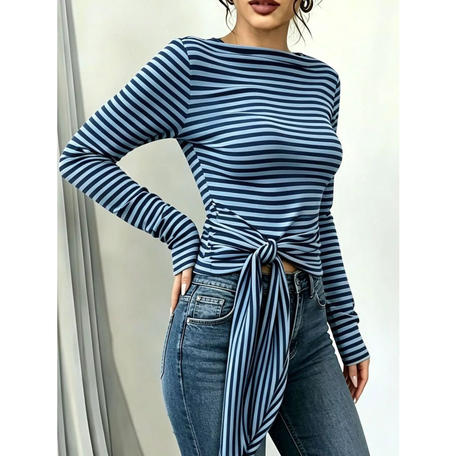 Long Sleeve Striped T-Shirt with Front Tie Detail Apparel and Accessories