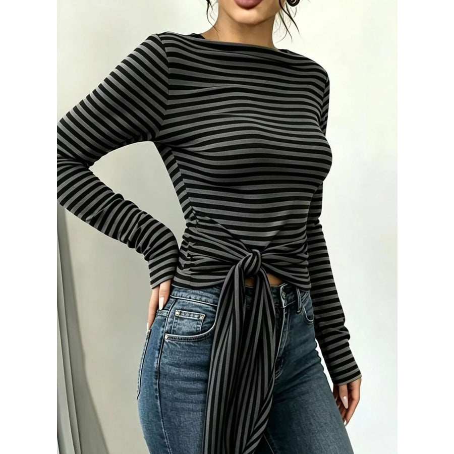 Long Sleeve Striped T-Shirt with Front Tie Detail Apparel and Accessories