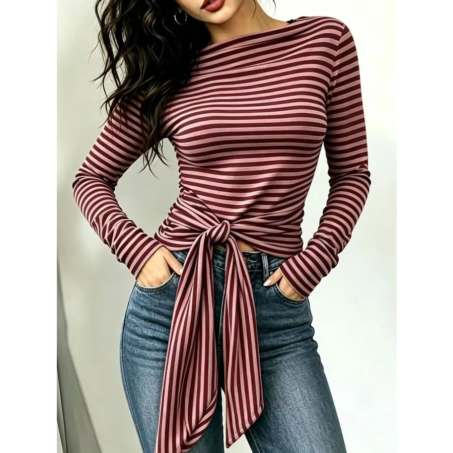 Long Sleeve Striped T-Shirt with Front Tie Detail Burgundy / S Apparel and Accessories