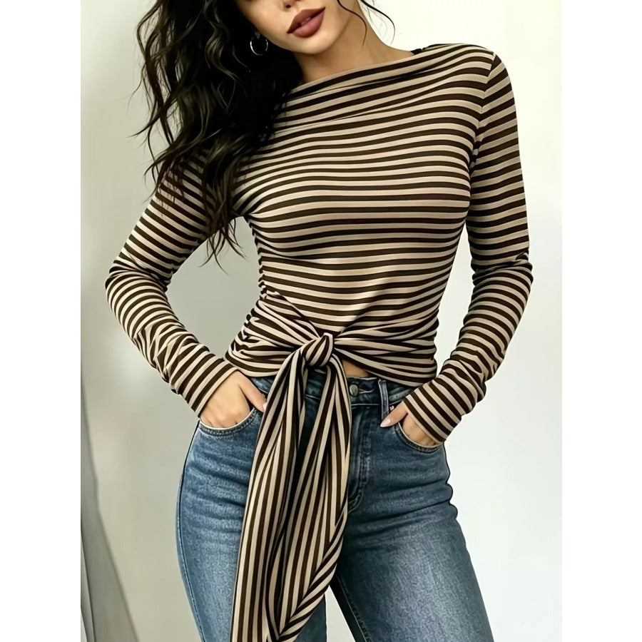 Long Sleeve Striped T-Shirt with Front Tie Detail Coffee Brown / S Apparel and Accessories