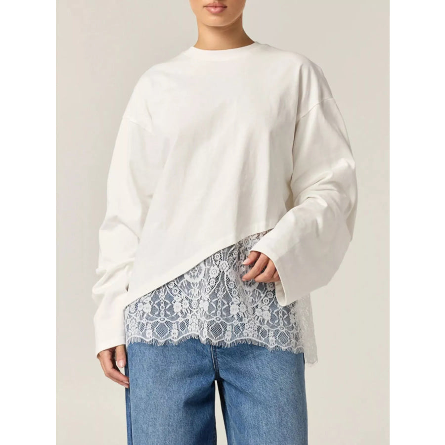 Long-Sleeve T-Shirt with Asymmetric Lace Hem Apparel and Accessories