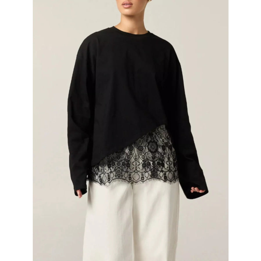 Long-Sleeve T-Shirt with Asymmetric Lace Hem Apparel and Accessories