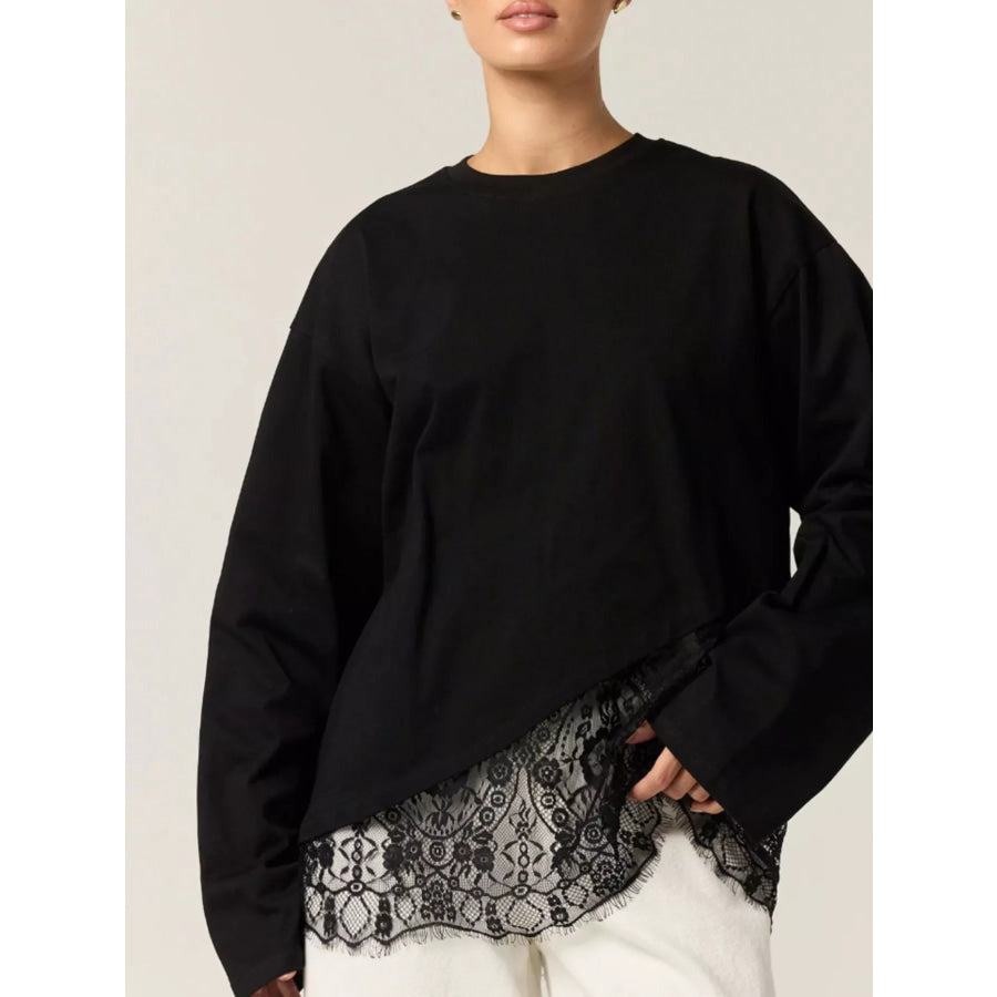 Long-Sleeve T-Shirt with Asymmetric Lace Hem Black / S Apparel and Accessories
