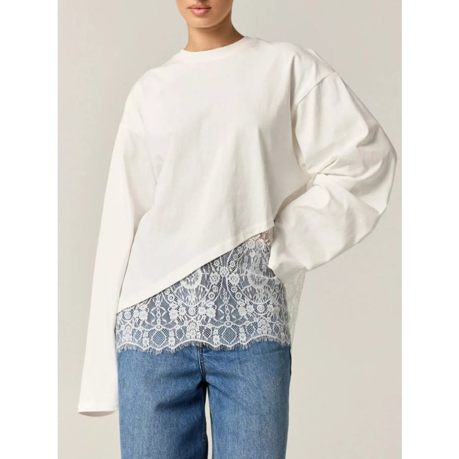 Long-Sleeve T-Shirt with Asymmetric Lace Hem White / S Apparel and Accessories