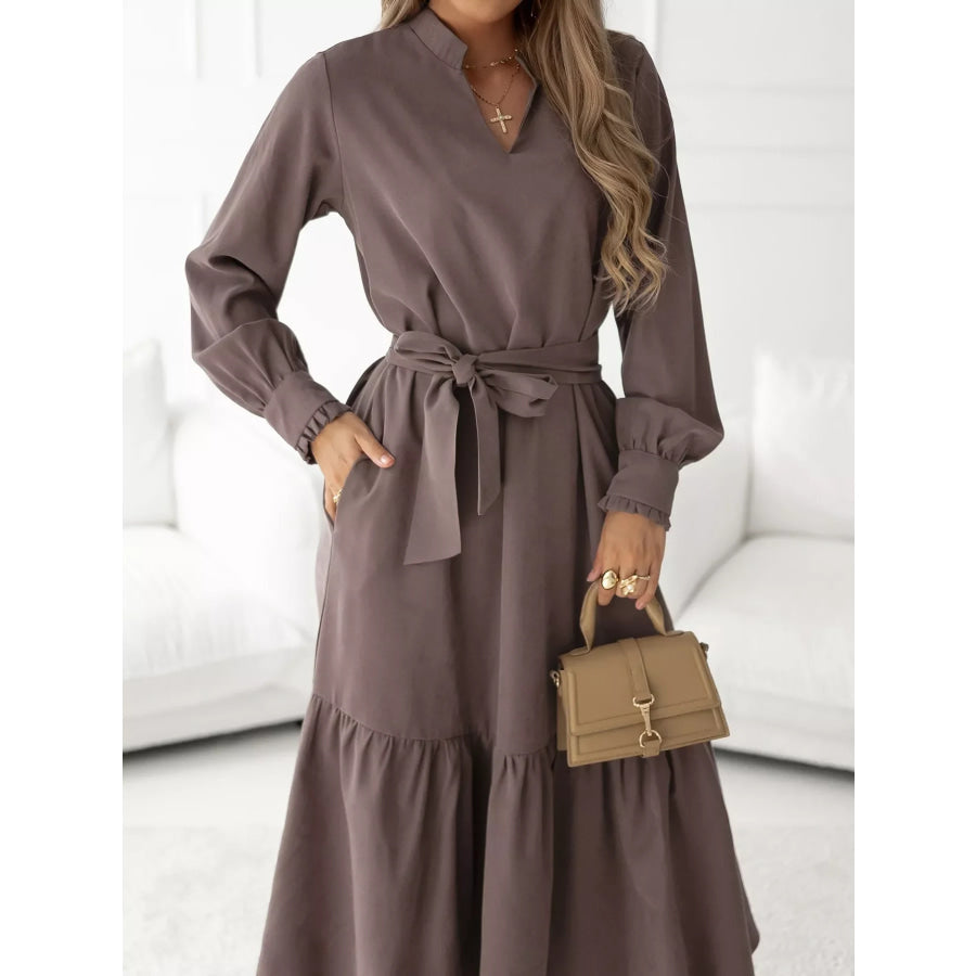 Long Sleeve Tie Waist Ruffle Hem Midi Dress Apparel and Accessories