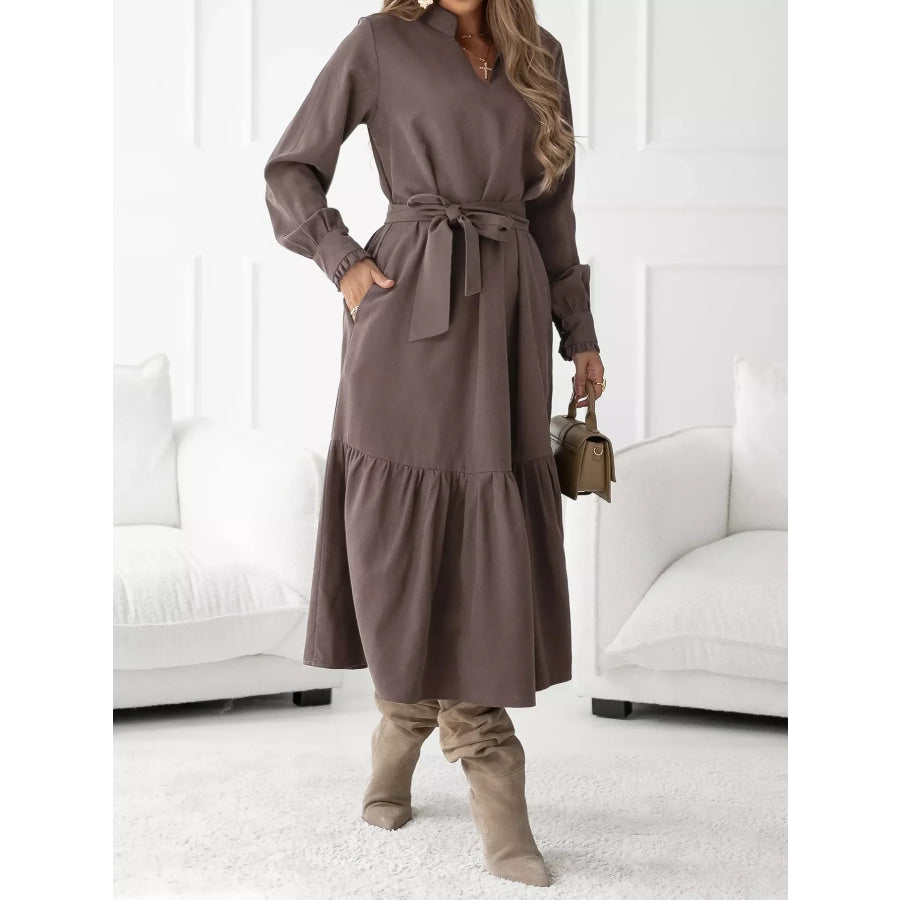 Long Sleeve Tie Waist Ruffle Hem Midi Dress Apparel and Accessories