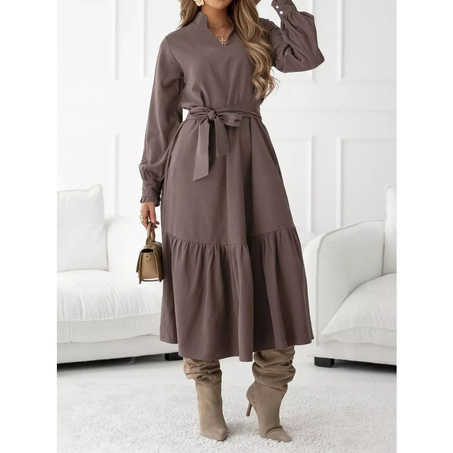 Long Sleeve Tie Waist Ruffle Hem Midi Dress Coffee Brown / S Apparel and Accessories