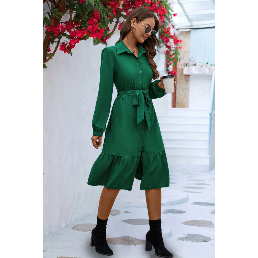 Long Sleeve Tie Waist Shirt Dress Green / S