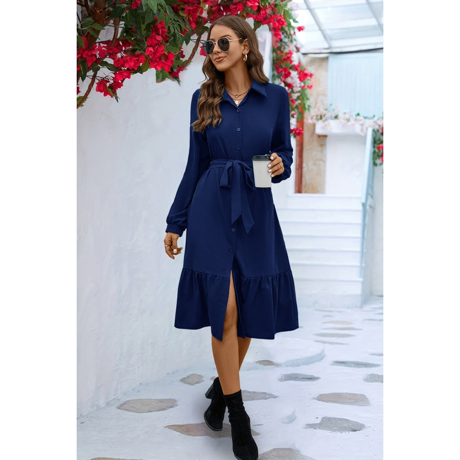 Long Sleeve Tie Waist Shirt Dress Navy / S