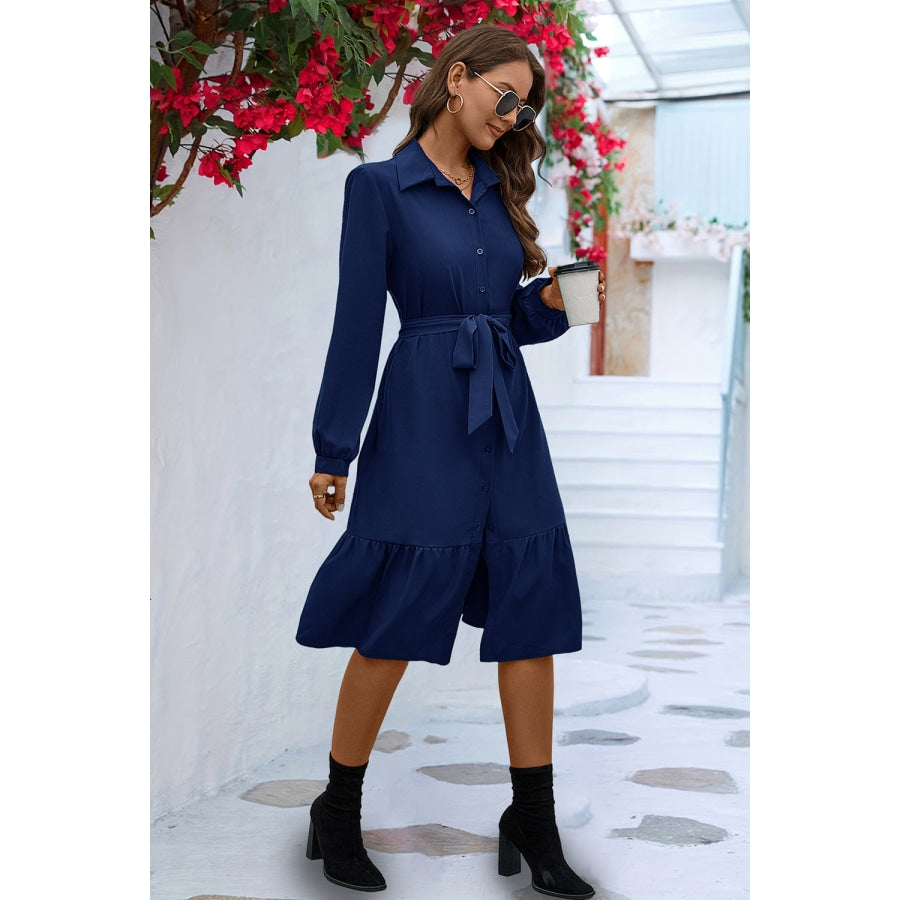 Long Sleeve Tie Waist Shirt Dress