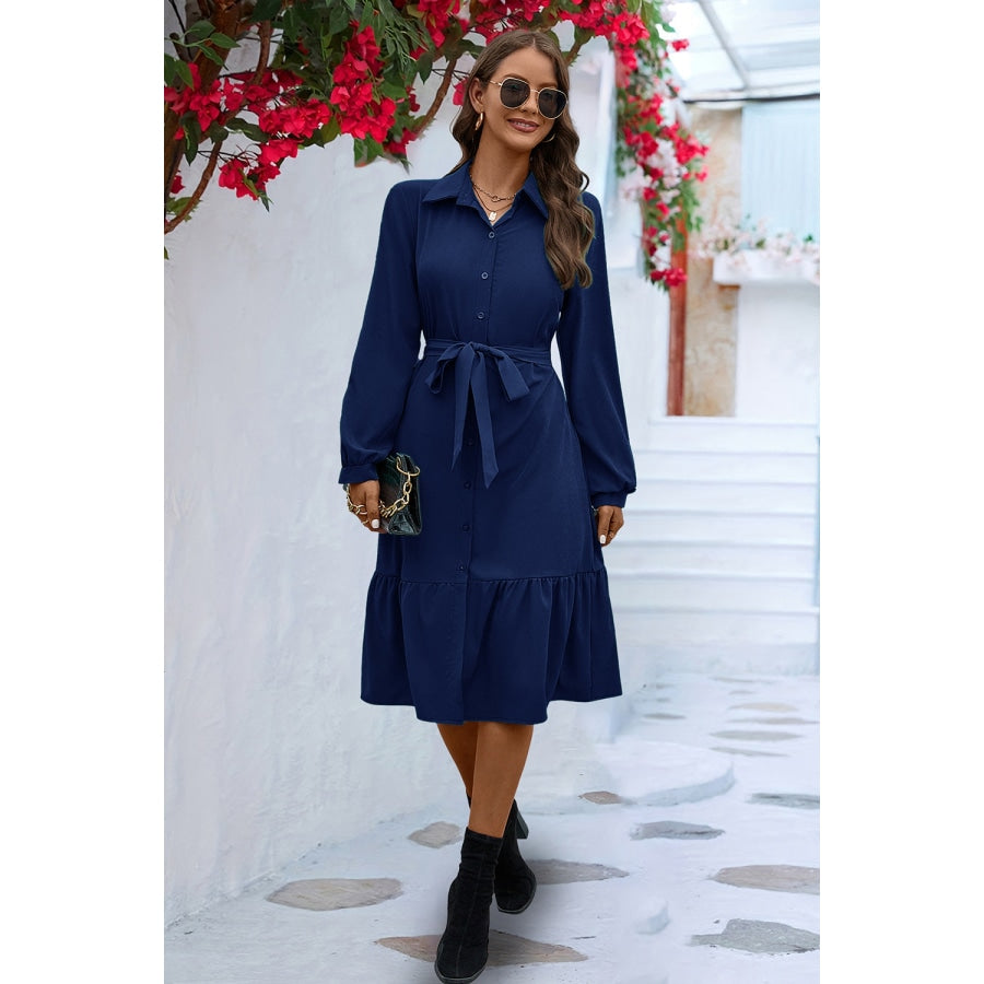 Long Sleeve Tie Waist Shirt Dress