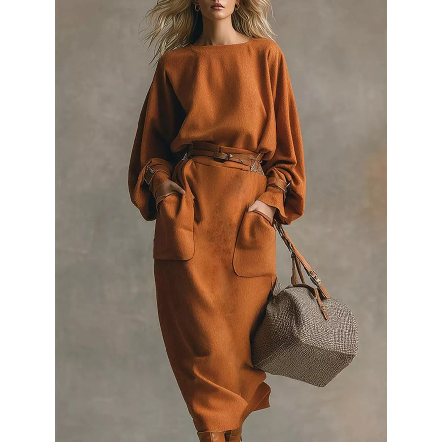 Long-Sleeve Top and Midi Skirt Set Caramel / S Apparel and Accessories