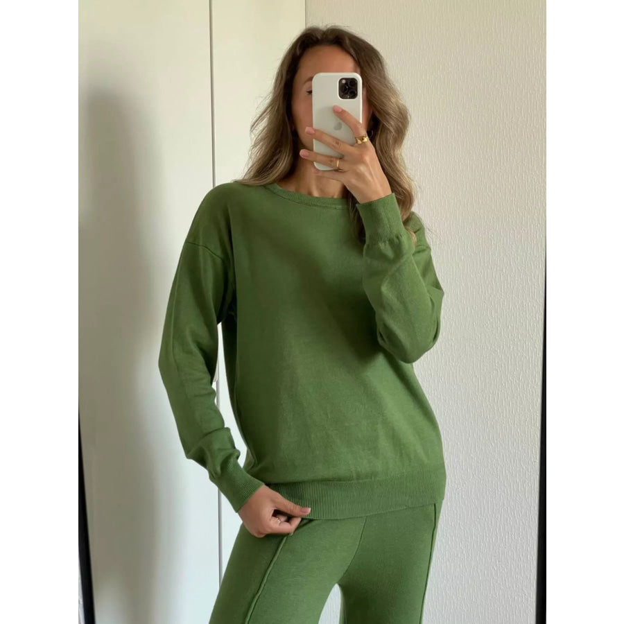Long Sleeve Top and Pants Sweater Set Dark Green / One Size Apparel and Accessories