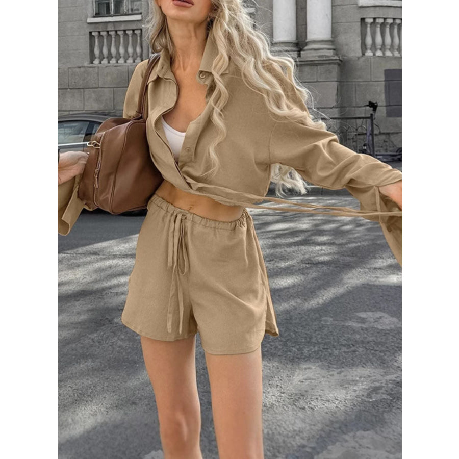 Long Sleeve Top and Shorts Set Khaki / S Apparel and Accessories
