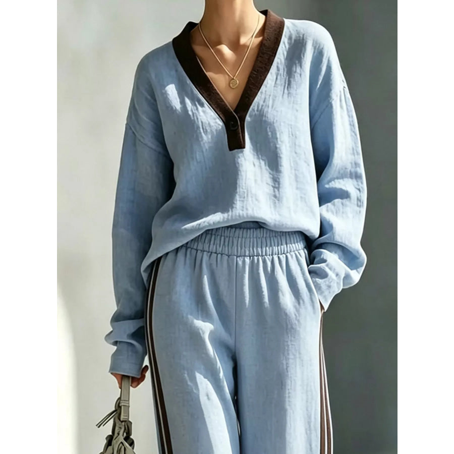 Long Sleeve Top and Side-Striped Joggers Set Light Blue / S Apparel Accessories