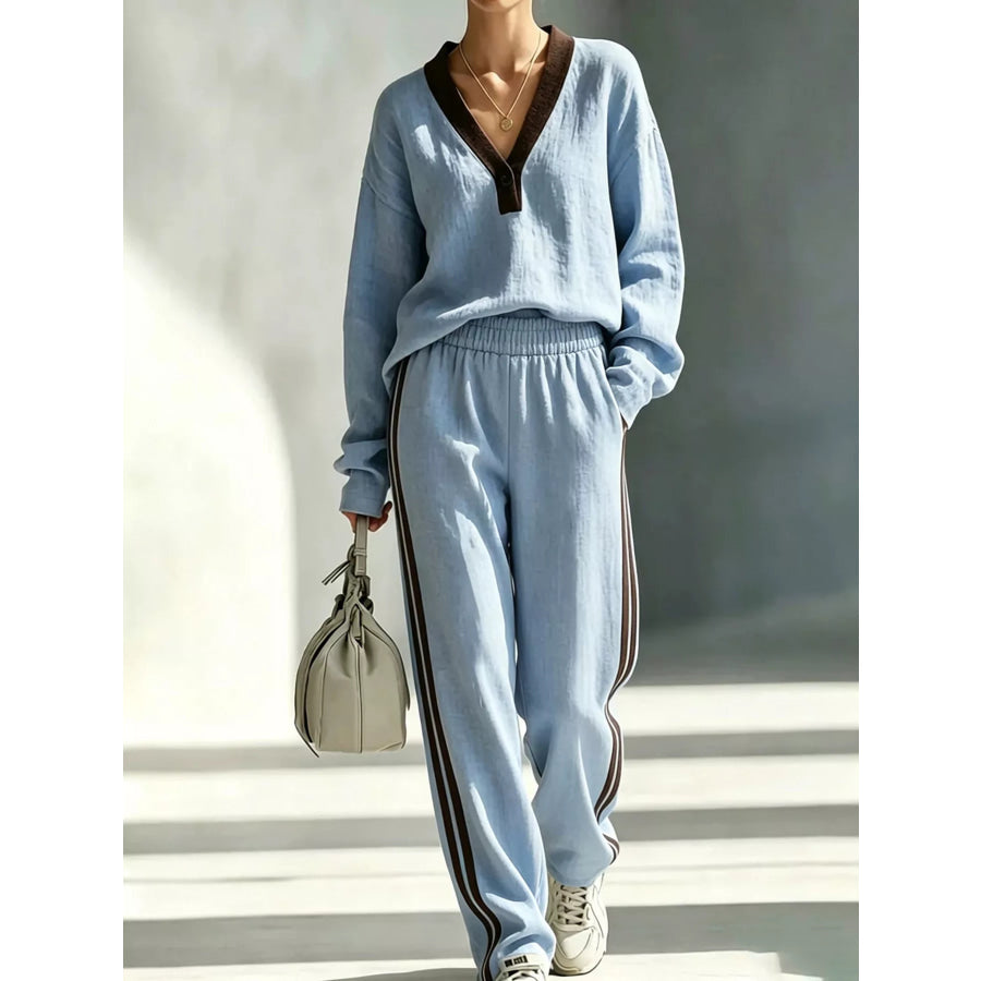 Long Sleeve Top and Side-Striped Joggers Set Light Blue / S Apparel Accessories