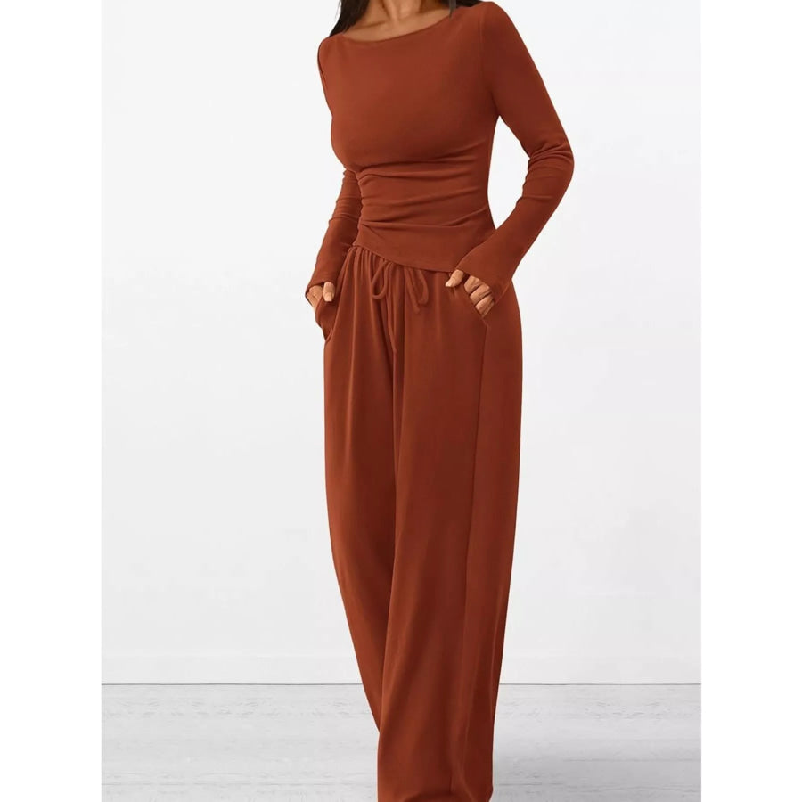 Long Sleeve Top and Wide Leg Pants Set Apparel and Accessories