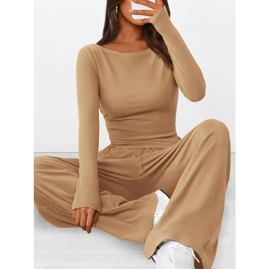 Long Sleeve Top and Wide Leg Pants Set Khaki / XS Apparel and Accessories