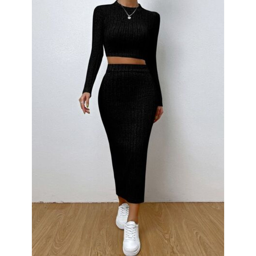 Long Sleeve Top and Wrap Skirt Set Black / S Apparel Accessories