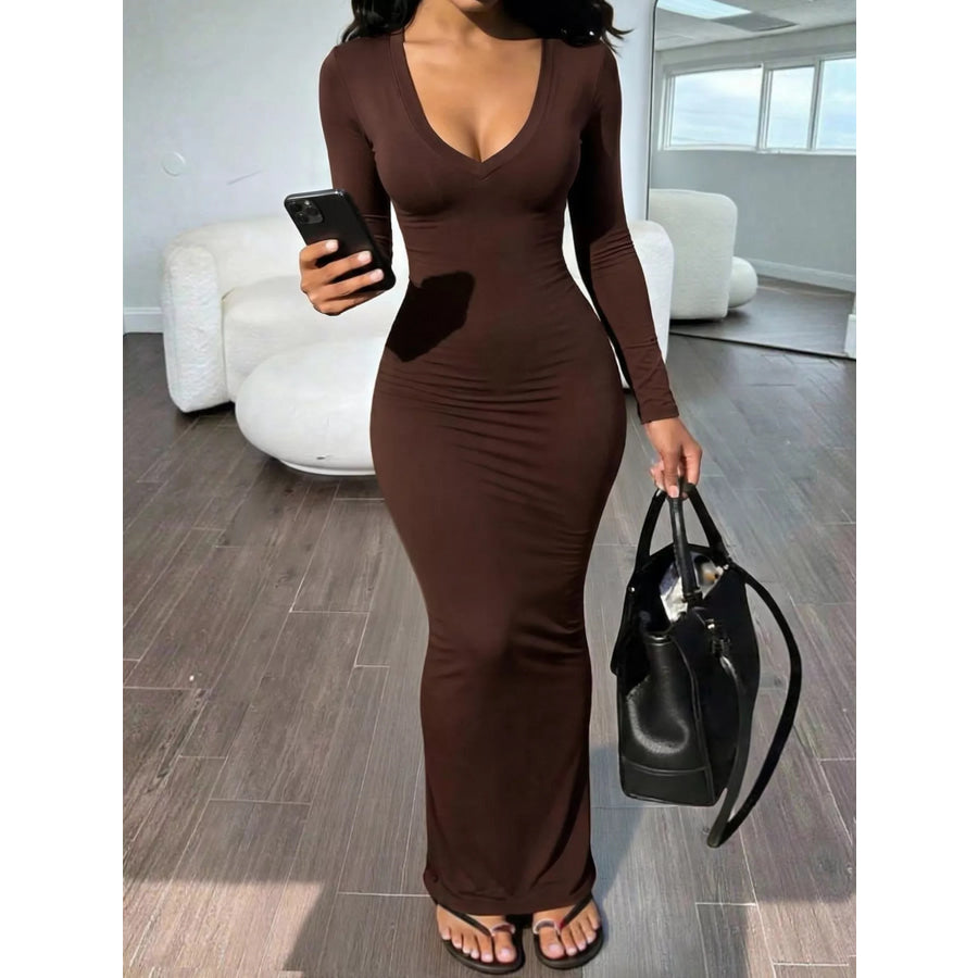 Long Sleeve V-Neck Ruched Maxi Dress Apparel and Accessories