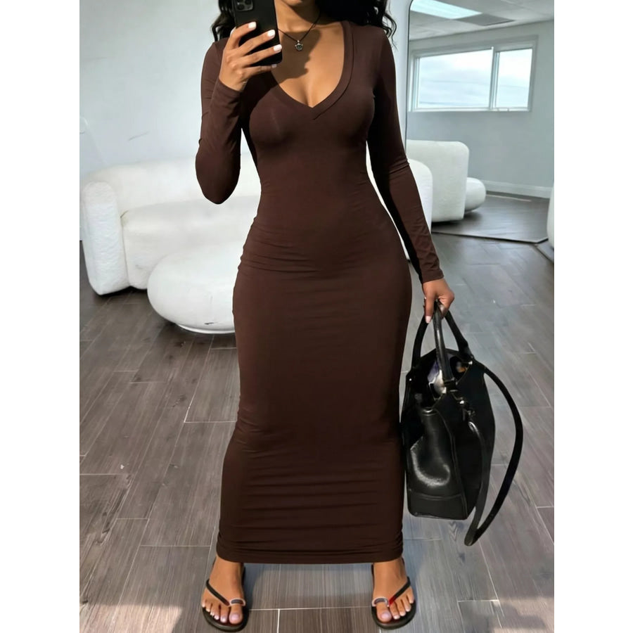 Long Sleeve V-Neck Ruched Maxi Dress Apparel and Accessories
