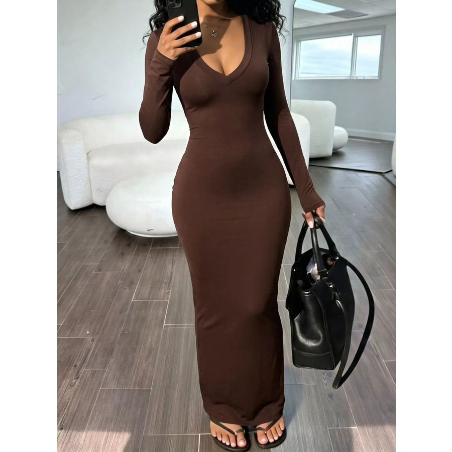 Long Sleeve V-Neck Ruched Maxi Dress Apparel and Accessories