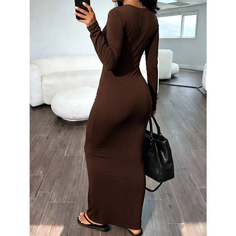 Long Sleeve V-Neck Ruched Maxi Dress Apparel and Accessories