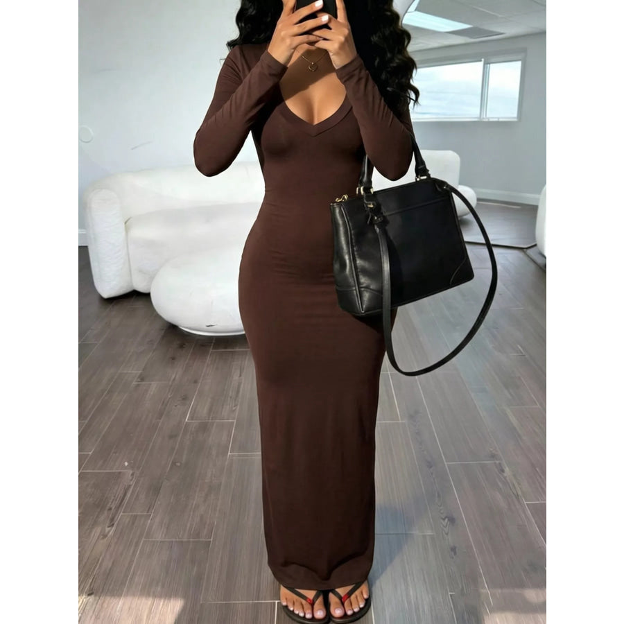 Long Sleeve V-Neck Ruched Maxi Dress Brown / S Apparel and Accessories