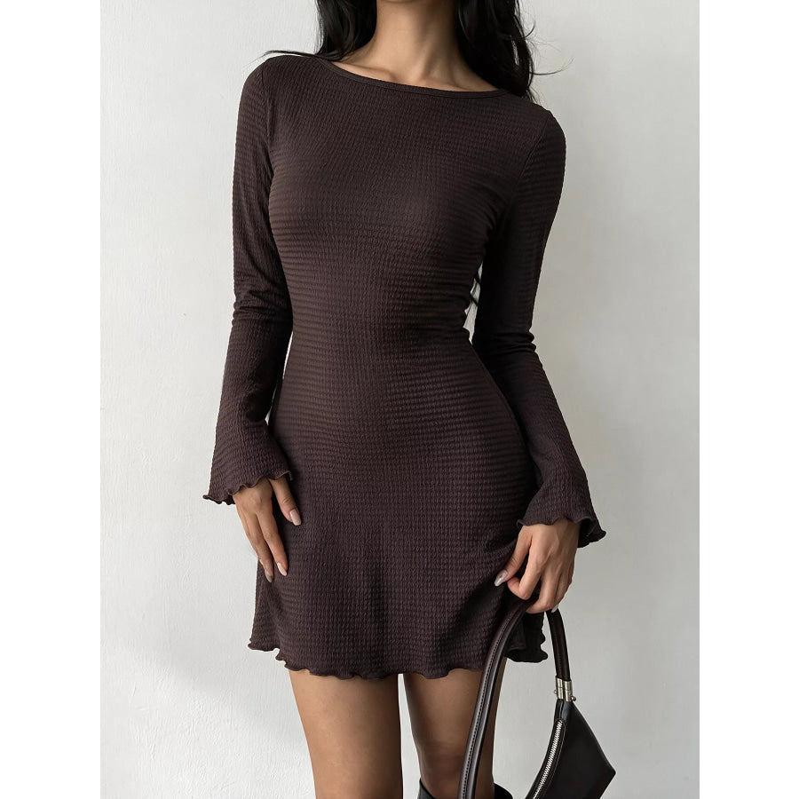 Long-Sleeve Waffle Knit Bodycon Mini Dress Coffee Brown / S Apparel and Accessories