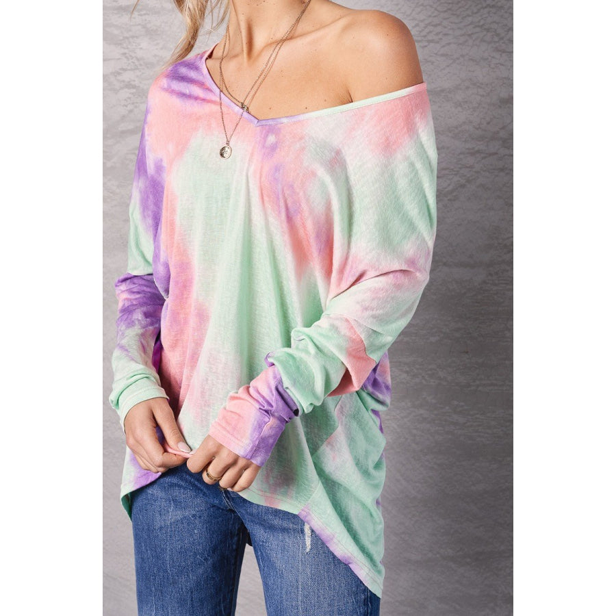 NEW! Long Sleeve Wide Cut V-Neck Tie Dye Top Mint/Violet/Blush / S Tops