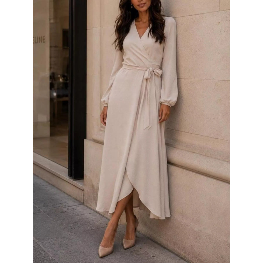 Long Sleeve Wrap Dress with Waist Tie Apparel and Accessories